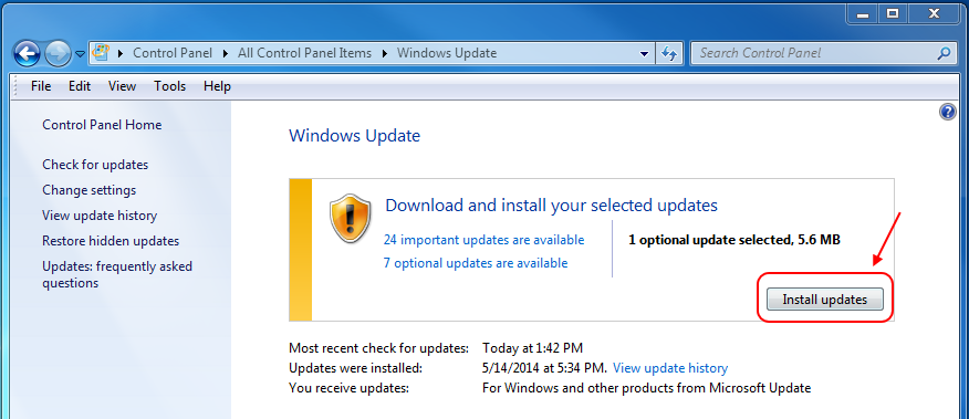 Screencap showing the install updates button
