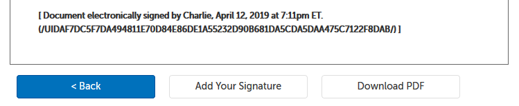 Signed document e-signature, with 3 buttons: < Back, Add Your Signature, Download PDF