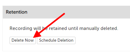 Retention section; message: "Recording will be retained until manually deleted.", with two buttons: "Delete Now" and "Schedule Deletion"
