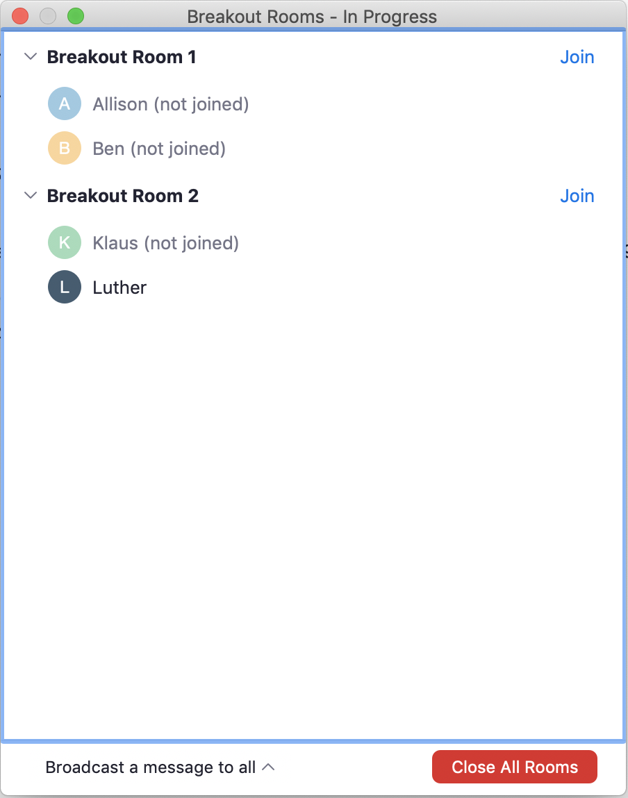 Main window for managing breakout rooms, viewing participants, sending out a message, or closing the rooms