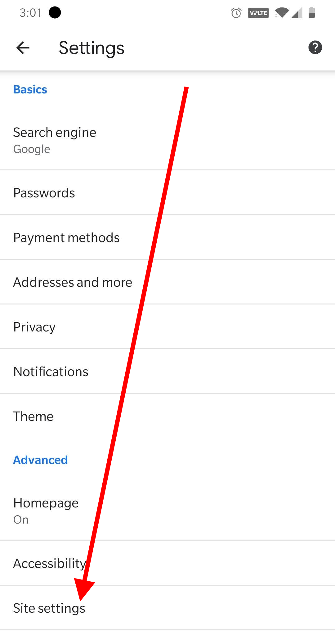 Arrow pointing at "Site settings"