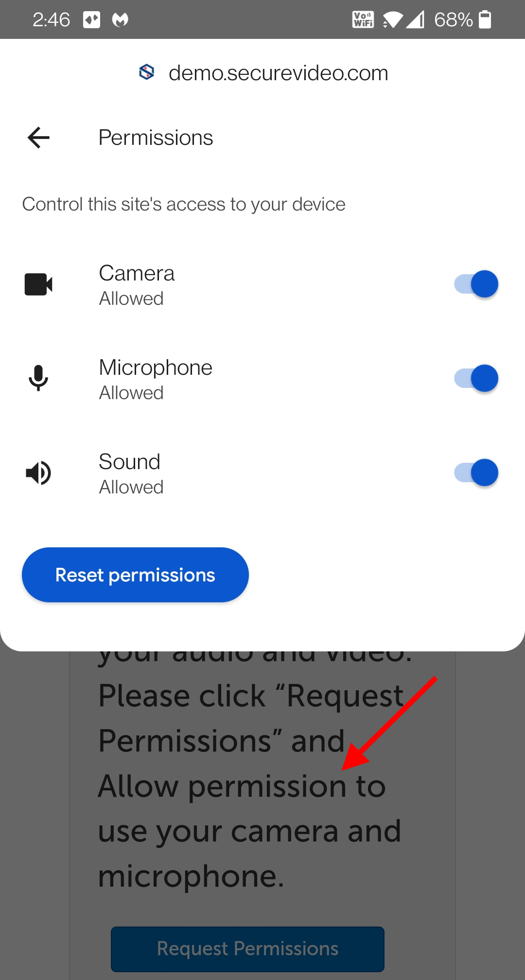 Arrow pointing at section of the page that isn't the Permissions area