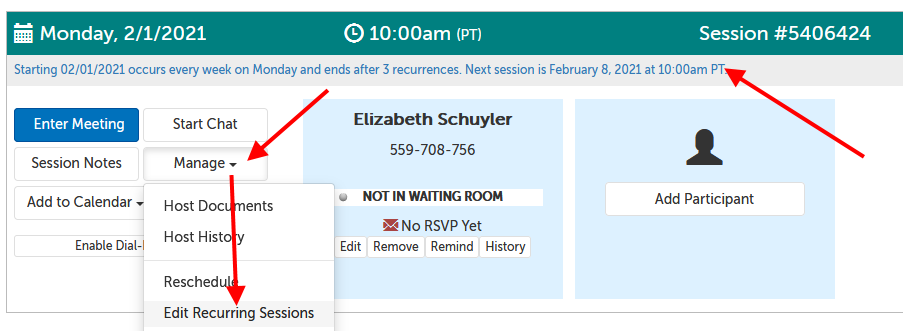 Arrow pointing at the description of the recurrence schedule, as well as the Manage and then "Edit Recurring Sessions" item