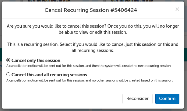 Cancel Recurring Session pop-up