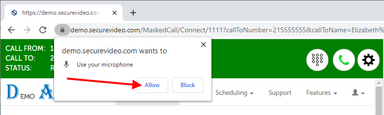 Arrow pointing at "Allow" button in Chrome microphone permission prompt