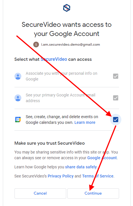 Arrow pointing at permission checkbox and then the "Continue" button